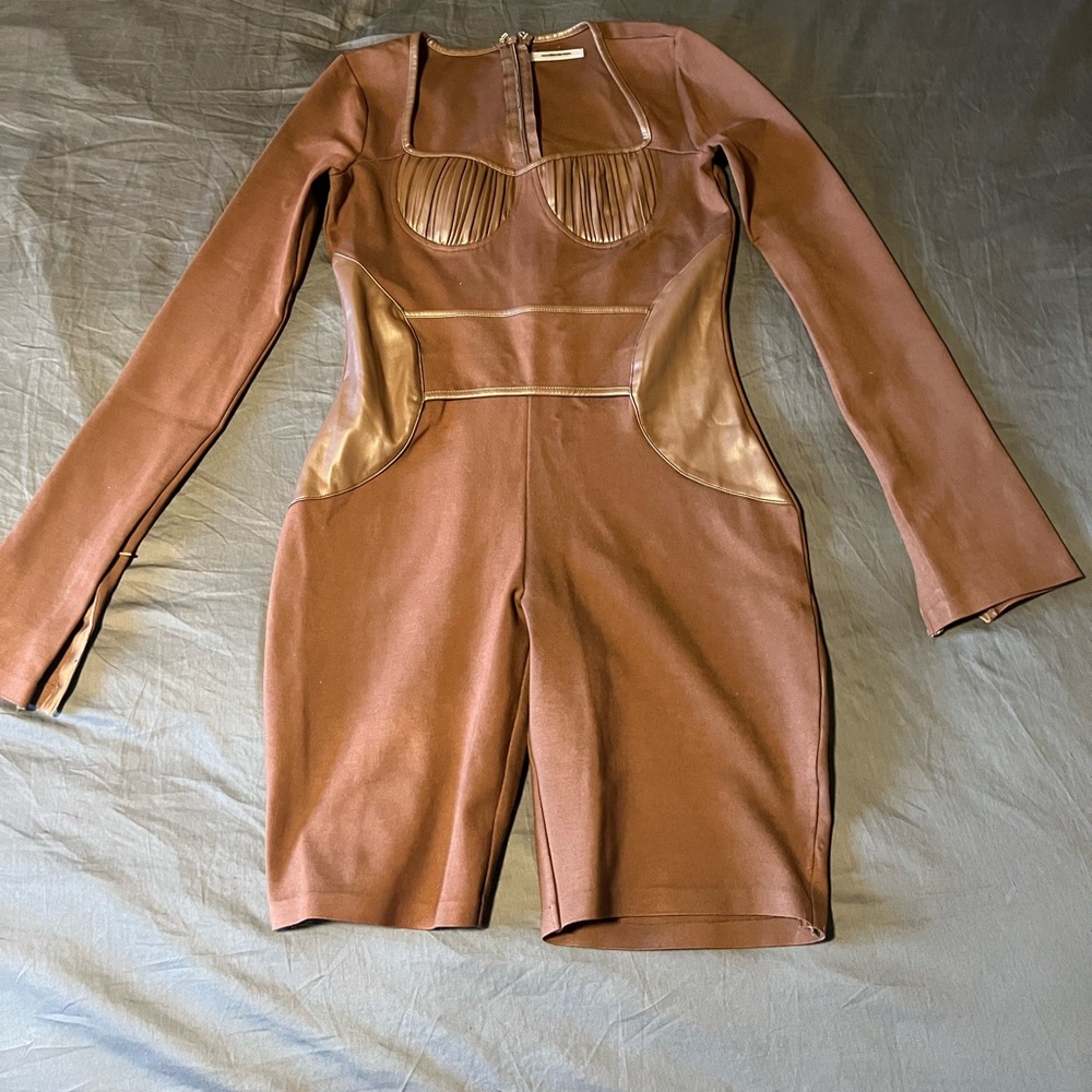 Maniere De Voir Pleated Vegan Leather & Bandage Playsuit - Brown - Picture 4 of 5